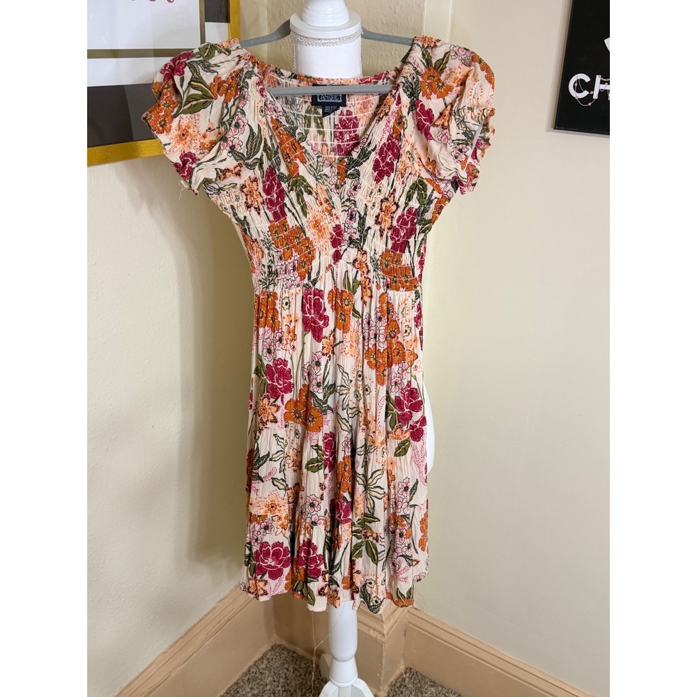 Angie Floral Smocked Mini Dress XS Cream Orange Boho Puff Sleeve Tiered Rayon